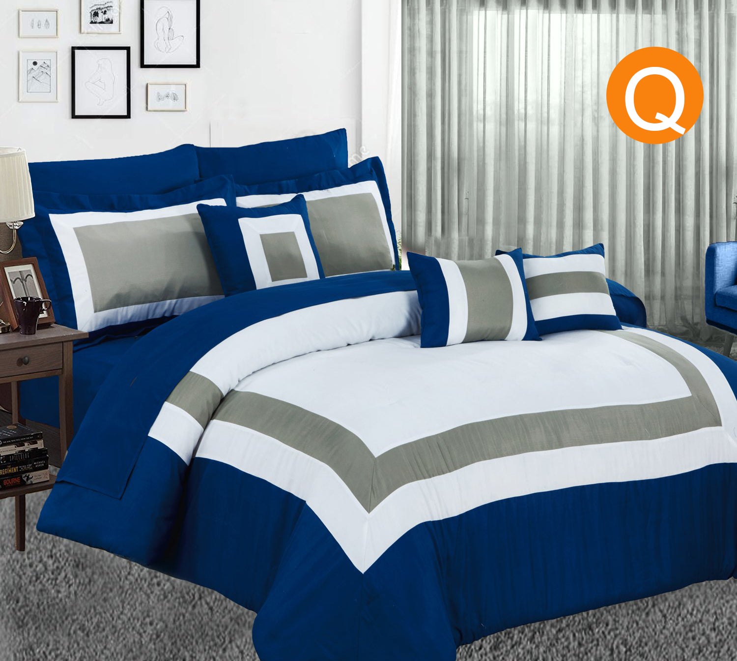 Home Fashion 10 Piece Soft Bed Comforter and Sheet Sets Bedspread Cushions Pillowcase Set Navy