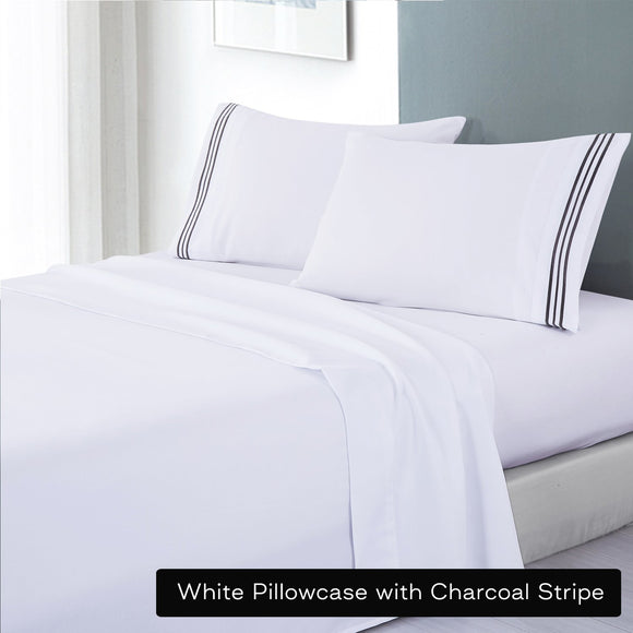Soft Microfibre Embroidered Stripe Sheet Set White Pillowcase Charcoal Stripe