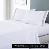 Soft Microfibre Embroidered Stripe Sheet Set White Sheet Taupe Stripe